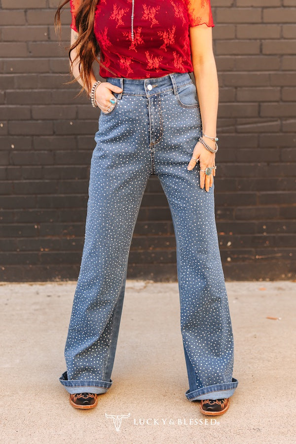Medium Wash Rhinestone Denim Flare Jeans