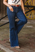Dark Wash Rough Hem Flare Jeans