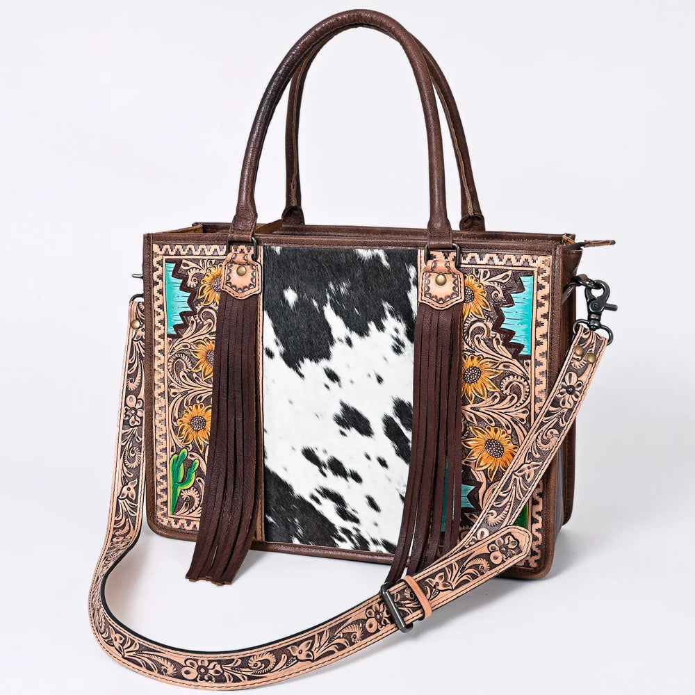 Hand Tooled Turquoise Aztec Hair-On Tote