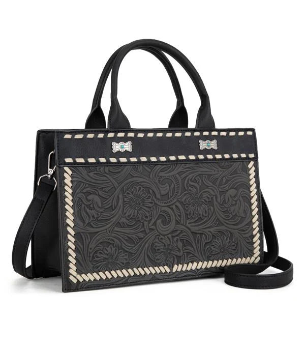 Montana West Black Embossed Ribbon Tote Crossbody