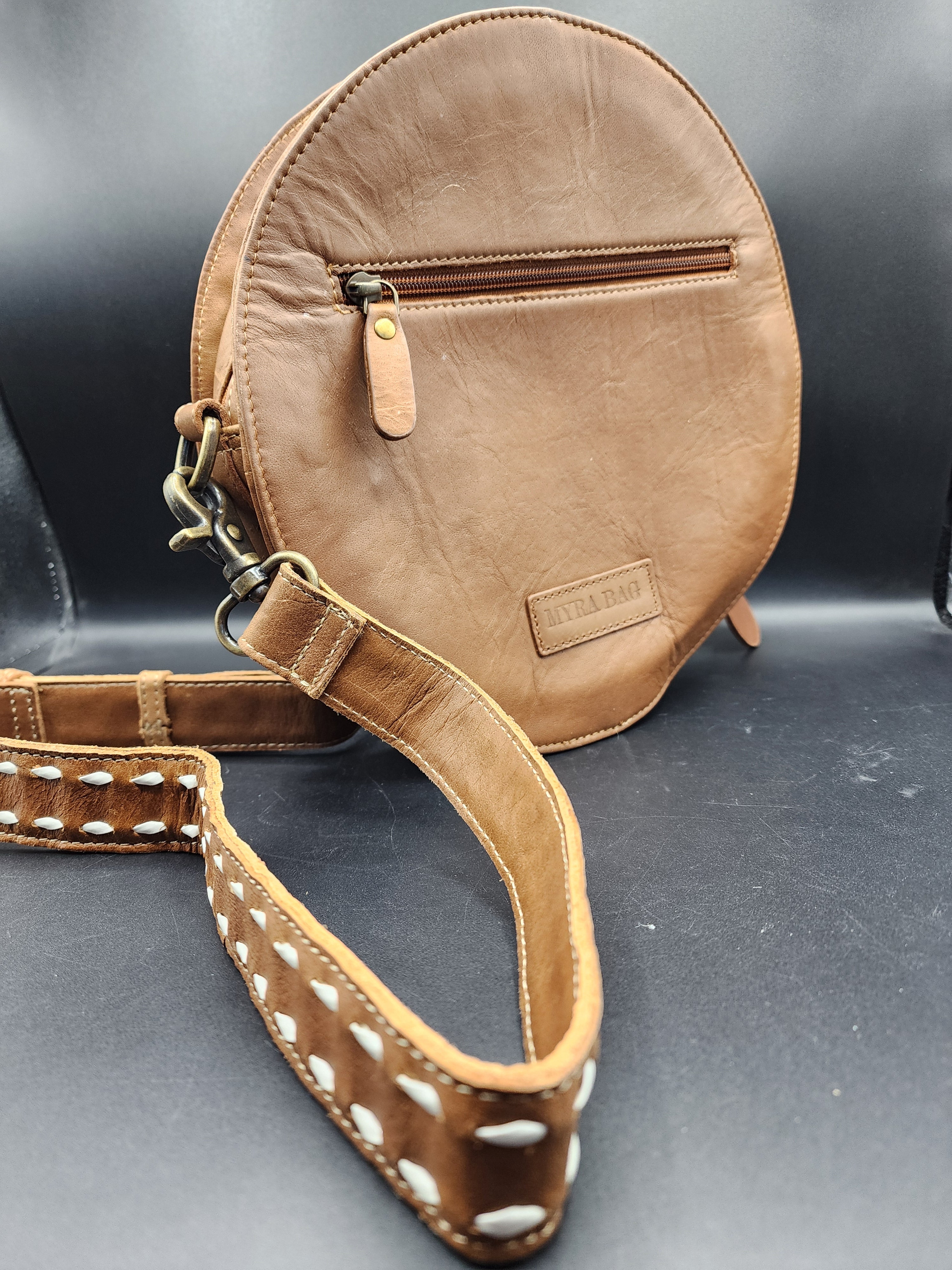 Long Horn Ridge Hand Tooled Leather Round Bag