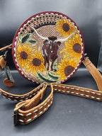 Long Horn Ridge Hand Tooled Leather Round Bag