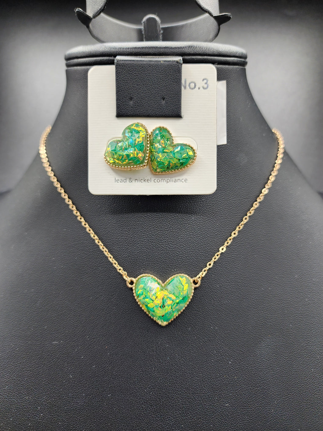 Green Glitter Heart Necklace and Earrings Set
