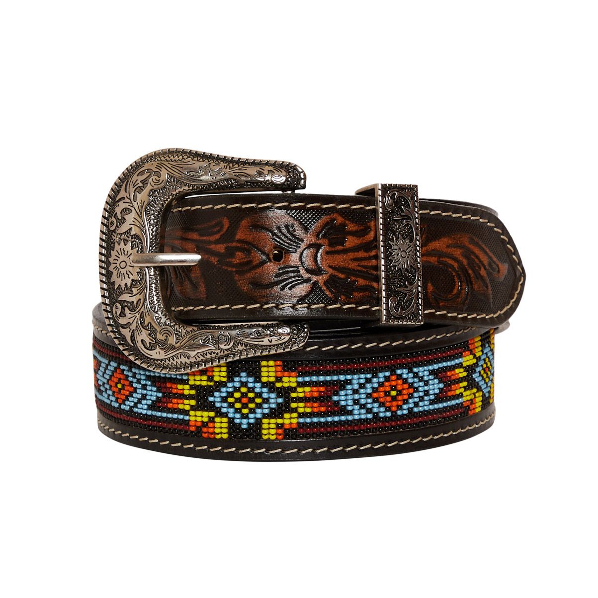 Polychrome Beaded Tooled Leather Belt