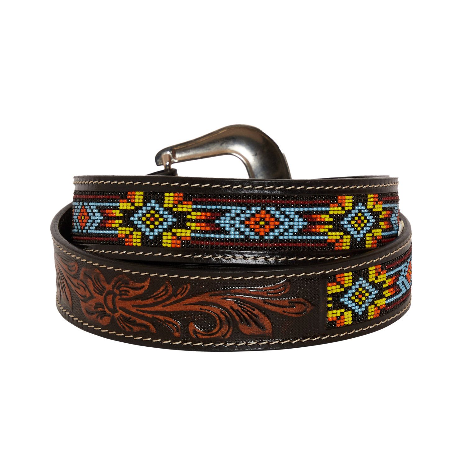 Polychrome Beaded Tooled Leather Belt