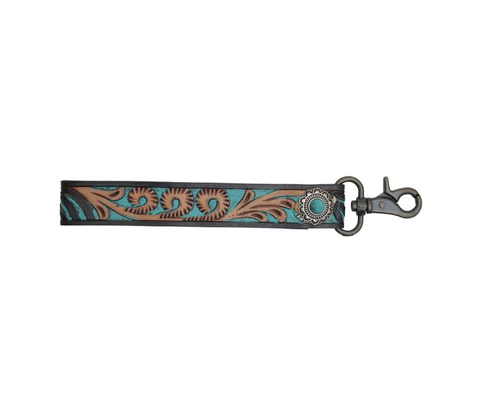 Aqua Feather Tooled Wristlet Strap