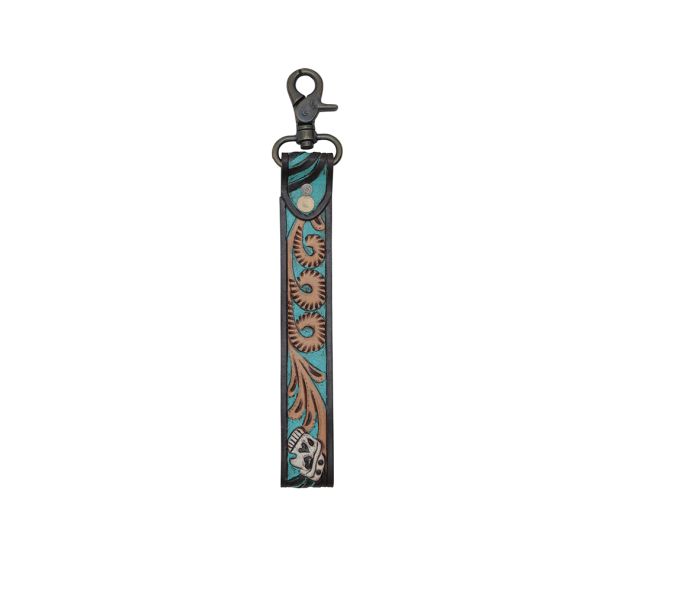 Aqua Feather Tooled Wristlet Strap