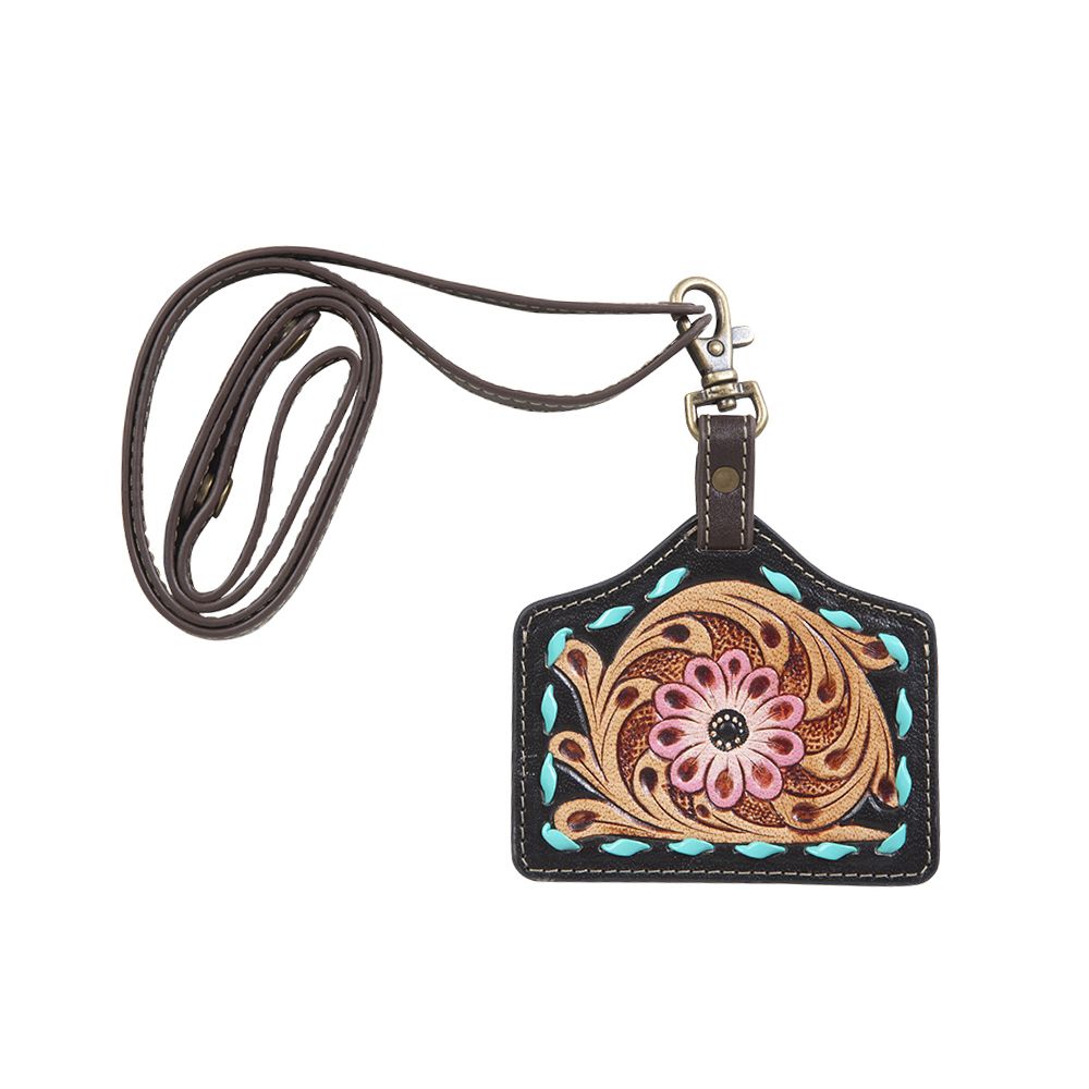 Pink Floral Tooled Leather Lanyard