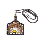 White Floral Tooled Leather Lanyard