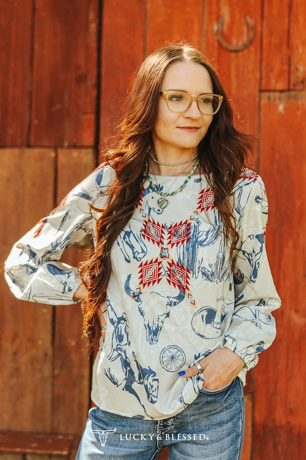 Western Print Long Sleeve Top