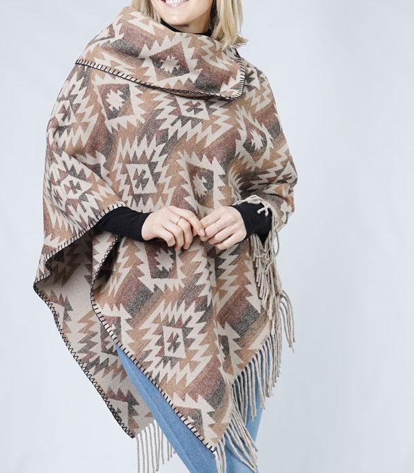 OW205 Brown/White Southwestern Design Poncho