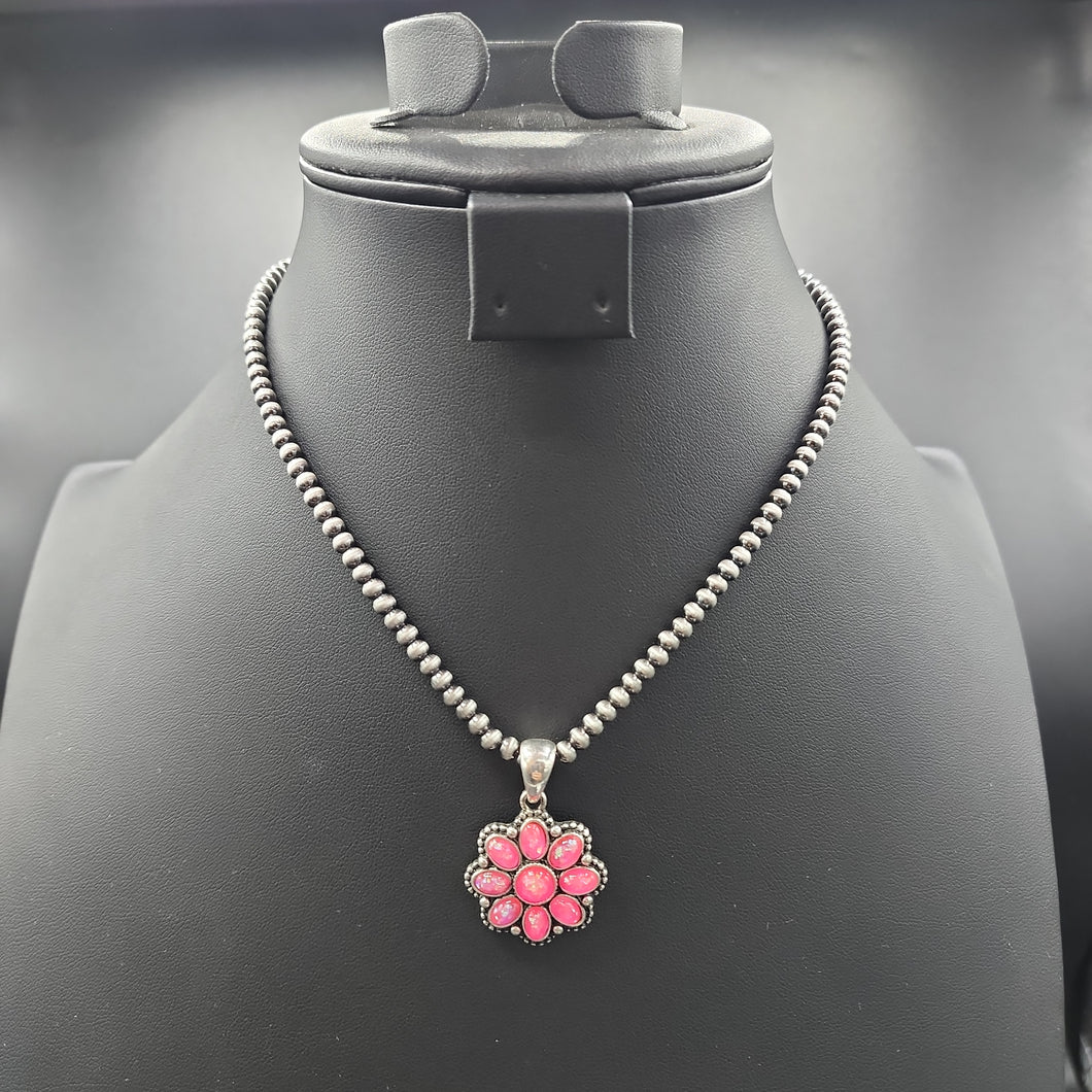 A810N Pink Stone Opal Floral Cluster Necklace