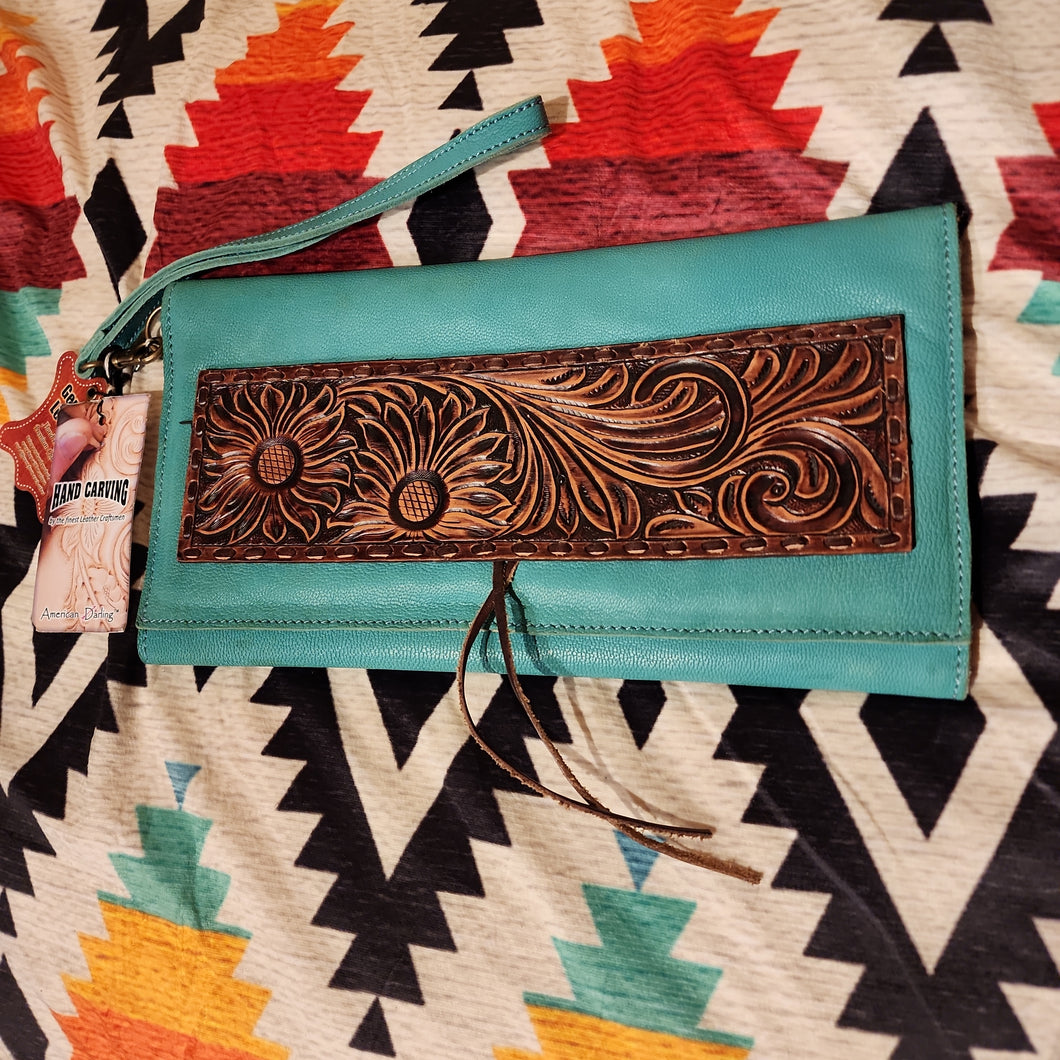 Turquoise Leather Tooled Large Wristlet