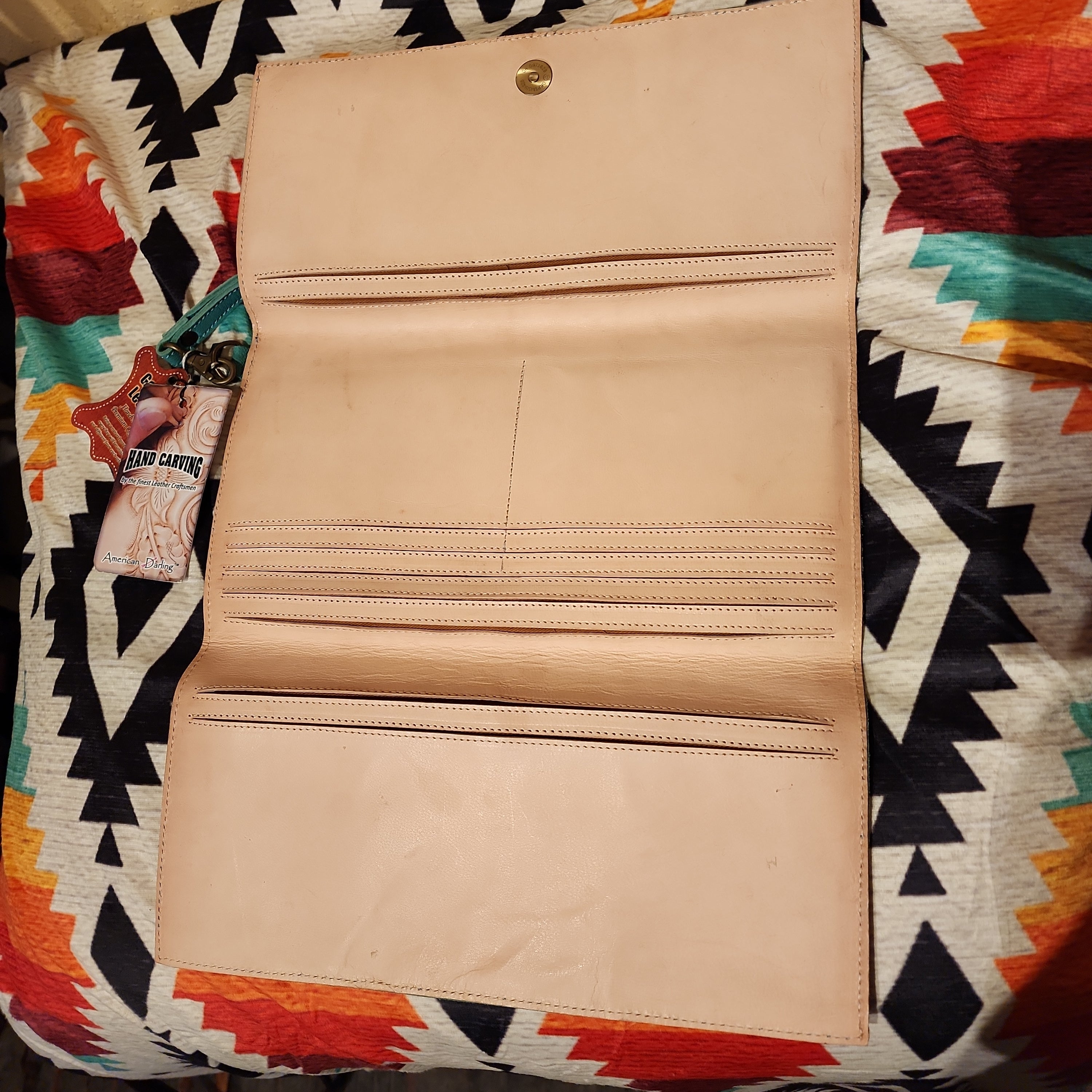 Turquoise Leather Tooled Large Wristlet