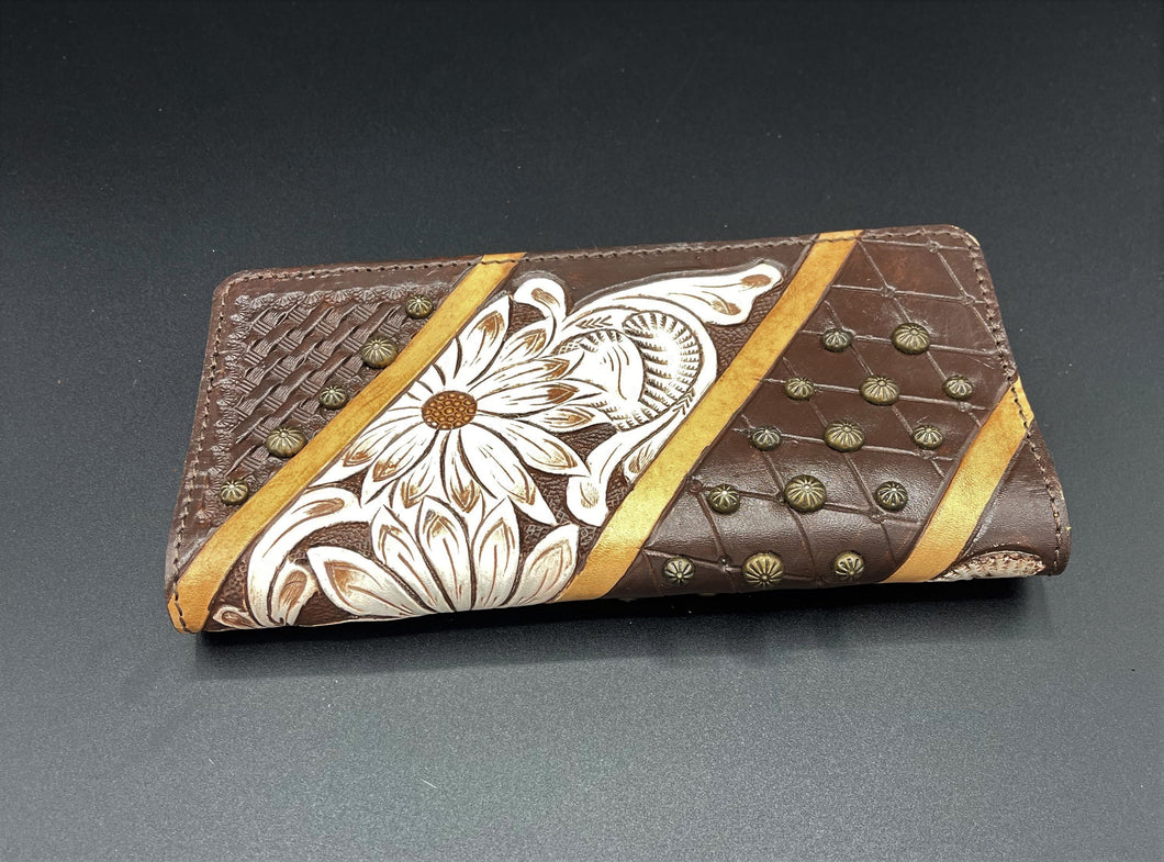 White Floral Tooled Stud Wallet