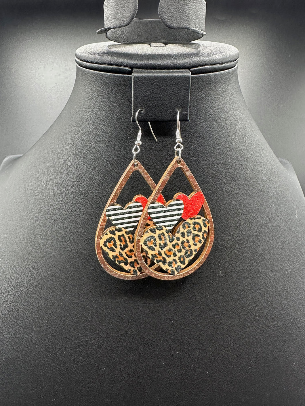 Cheetah 3 Heart Teardrop Wood Fishhook Earrings