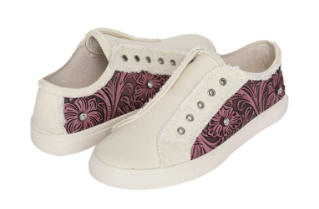 White/Pink Embossed Floral Rhinestone Sneakers