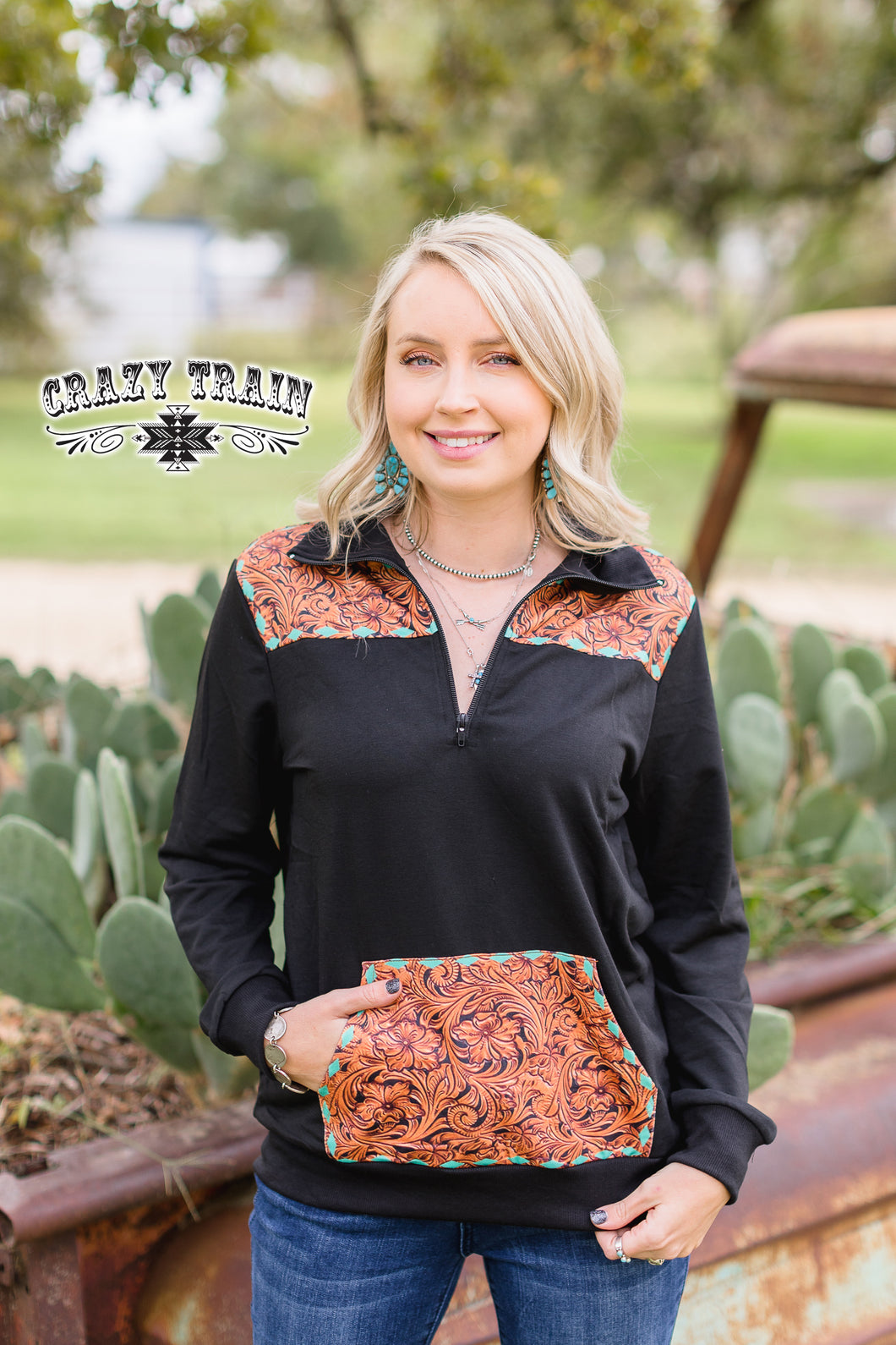 Leather Turquoise Buckstitch Print Pull Over