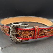 Load image into Gallery viewer, AD-BL2 Sunflower Floral Tooled Leather Belt Red
