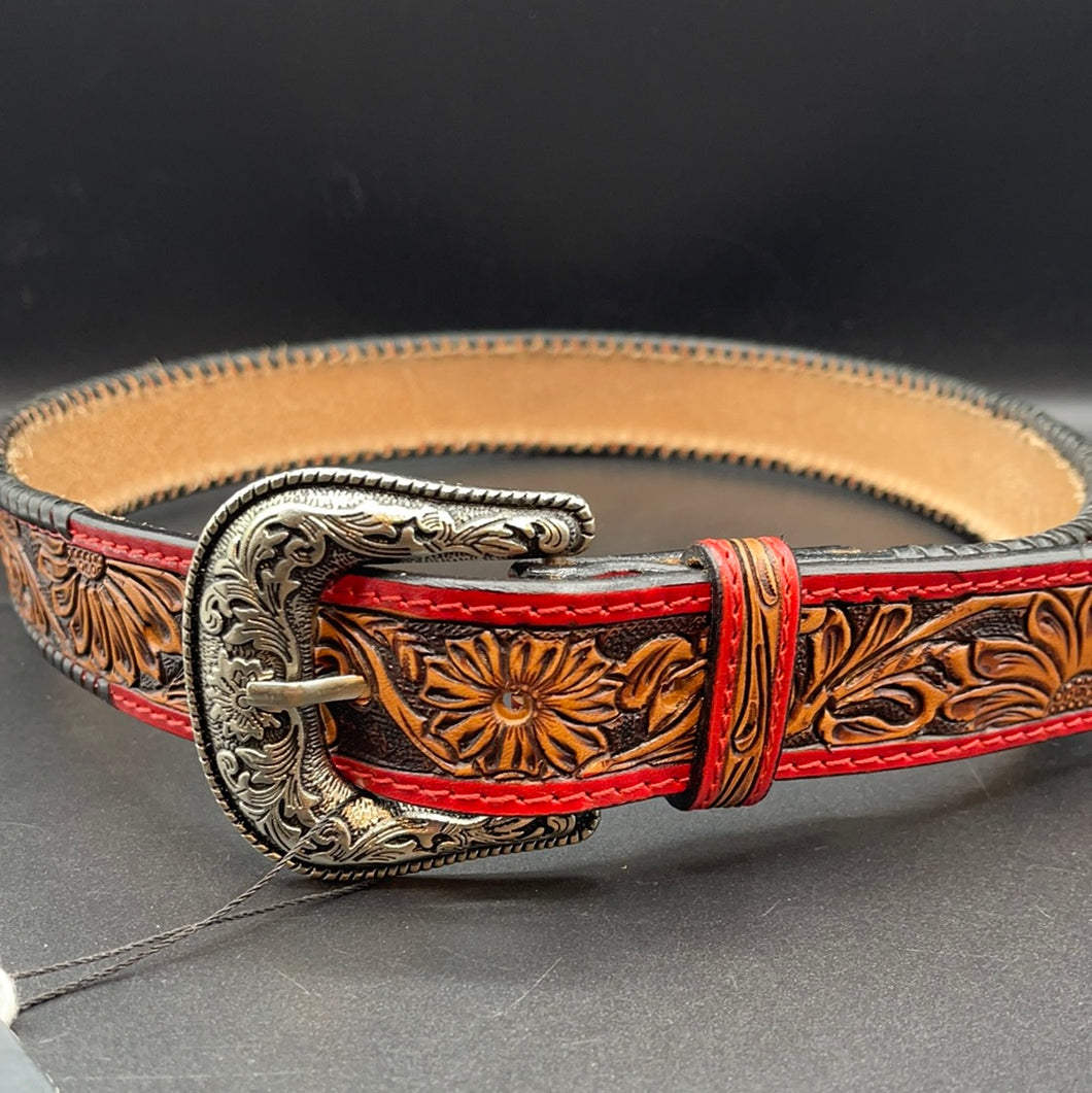 AD-BL2 Sunflower Floral Tooled Leather Belt Red