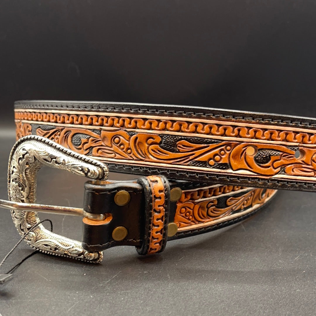 AD-BL5 Scroll Tooled Black Filigree Tooled Leather Belt