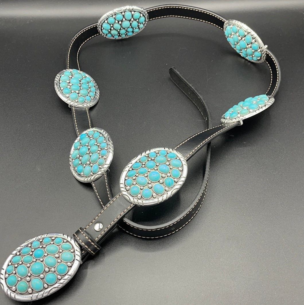 Turquoise Cluster Inspired Concho Belt  L/XL- BLACK