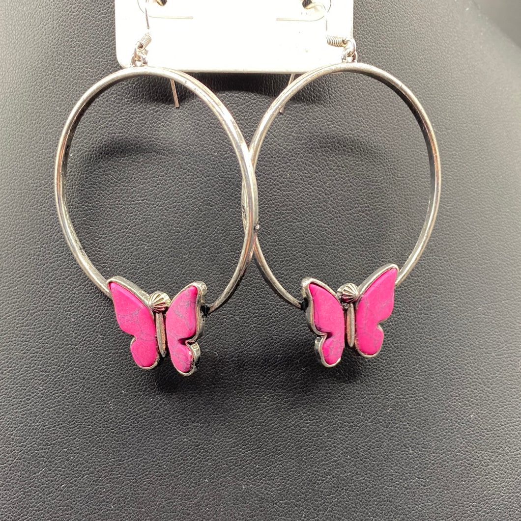 Pink Butterfly Hoop Earrings