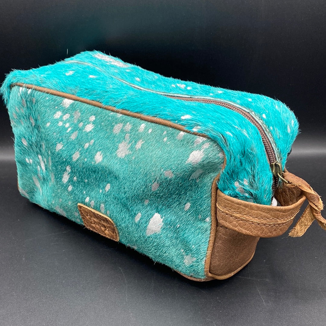 Turquoise Acid Wash Cowhide Toiletry Bag