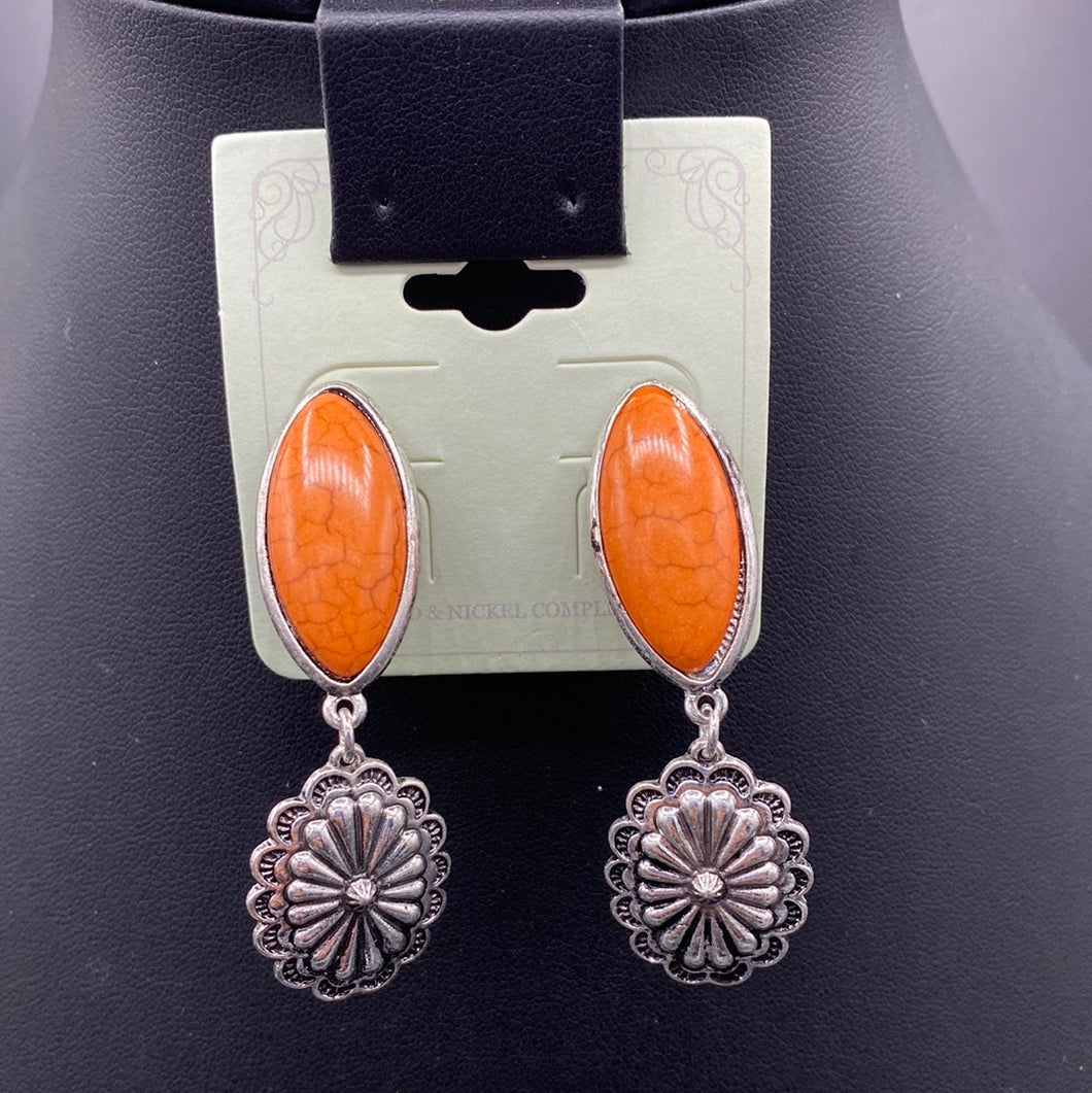 B228E Silver Inspired Concho Orange Stone Post Earrings