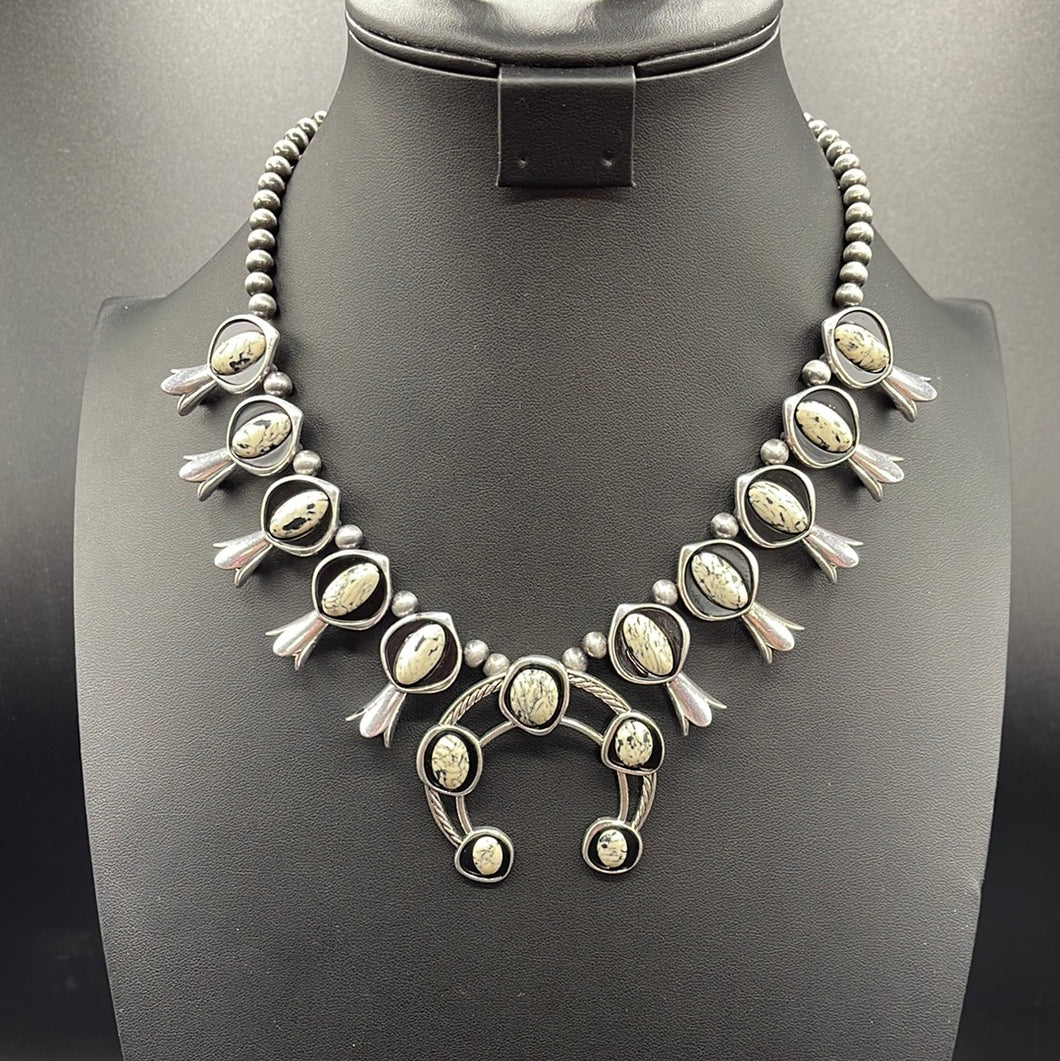 #676N White Stone Squash Blossom Necklace
