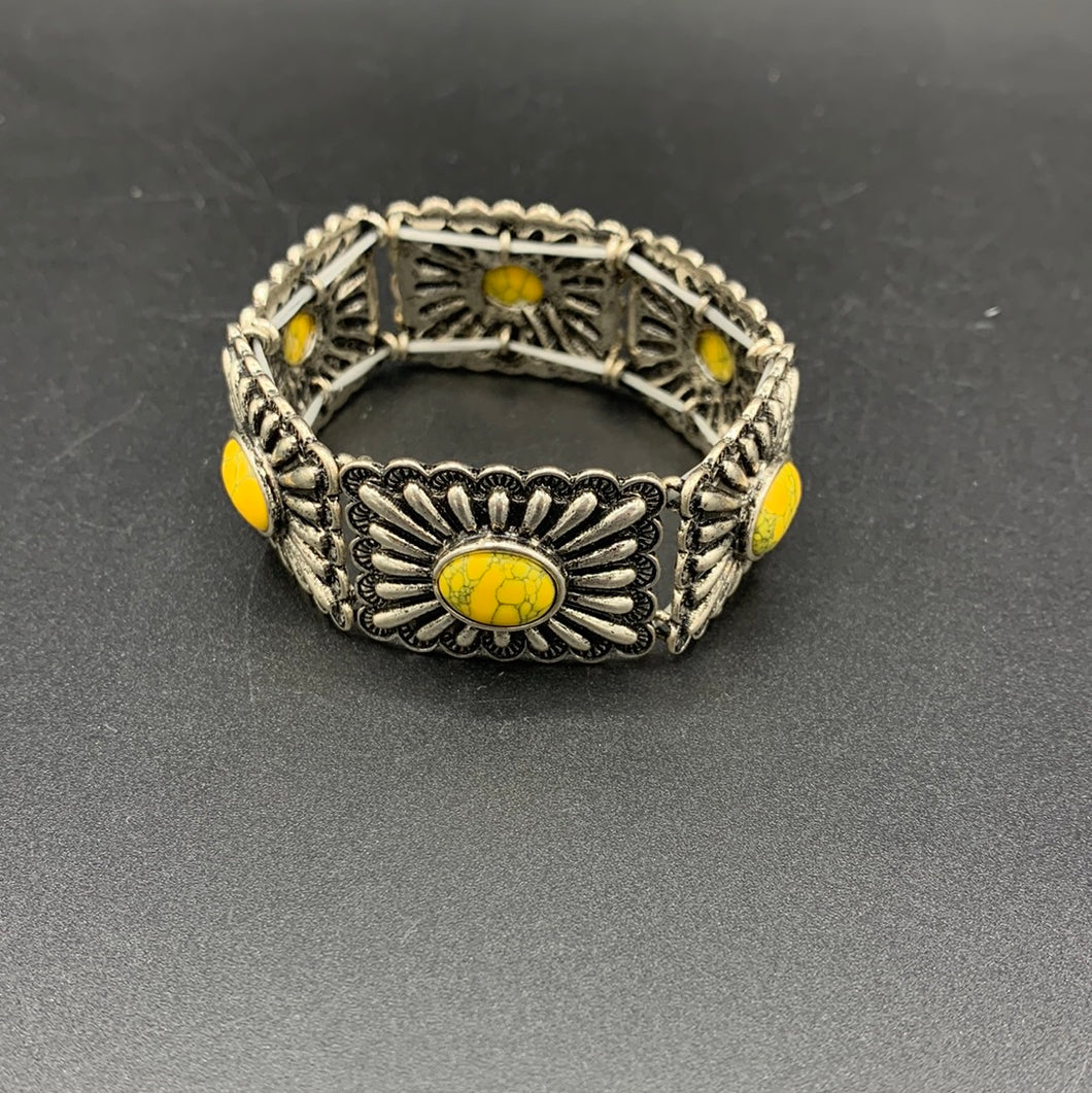 #439B Yellow Stone Rectangle Concho Stretch Bracelet