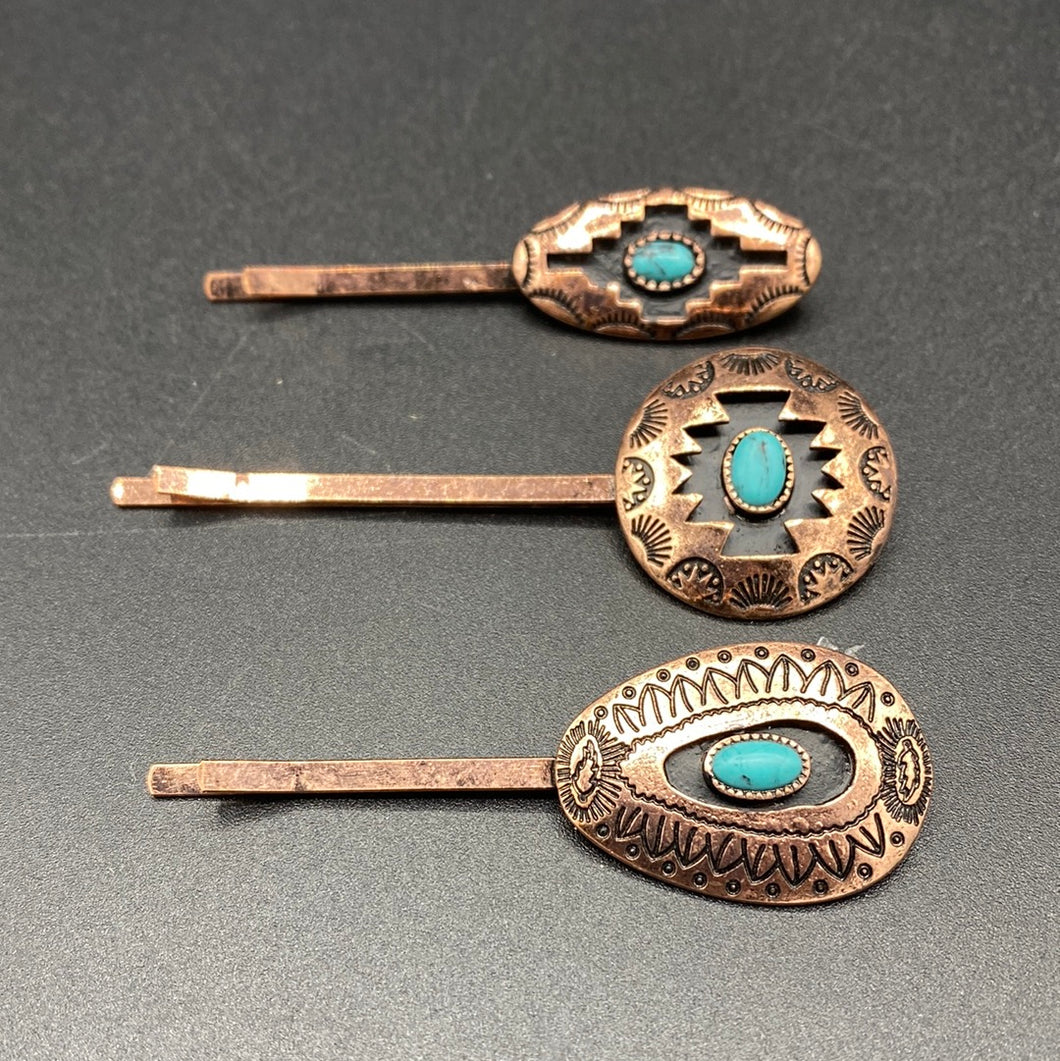 #735H Turquoise Inspired Coppertone Step 3PC Hair Pin Set