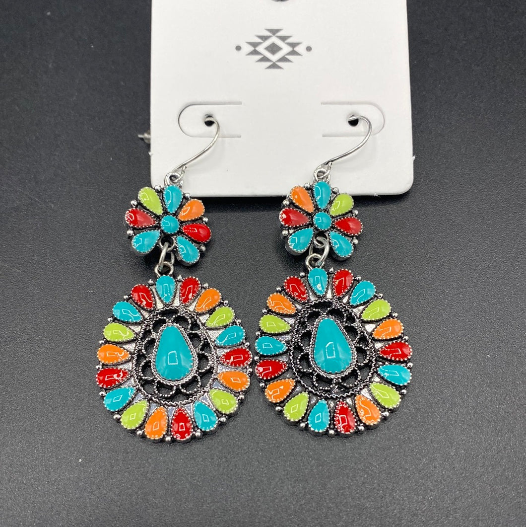 Multi-Colored Stone Cluster Fishhook Earrings