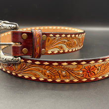 Load image into Gallery viewer, AD-BL4 Floral and White Filigree Tooled Leather Belt
