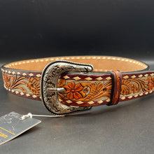 Load image into Gallery viewer, AD-BL4 Floral and White Filigree Tooled Leather Belt
