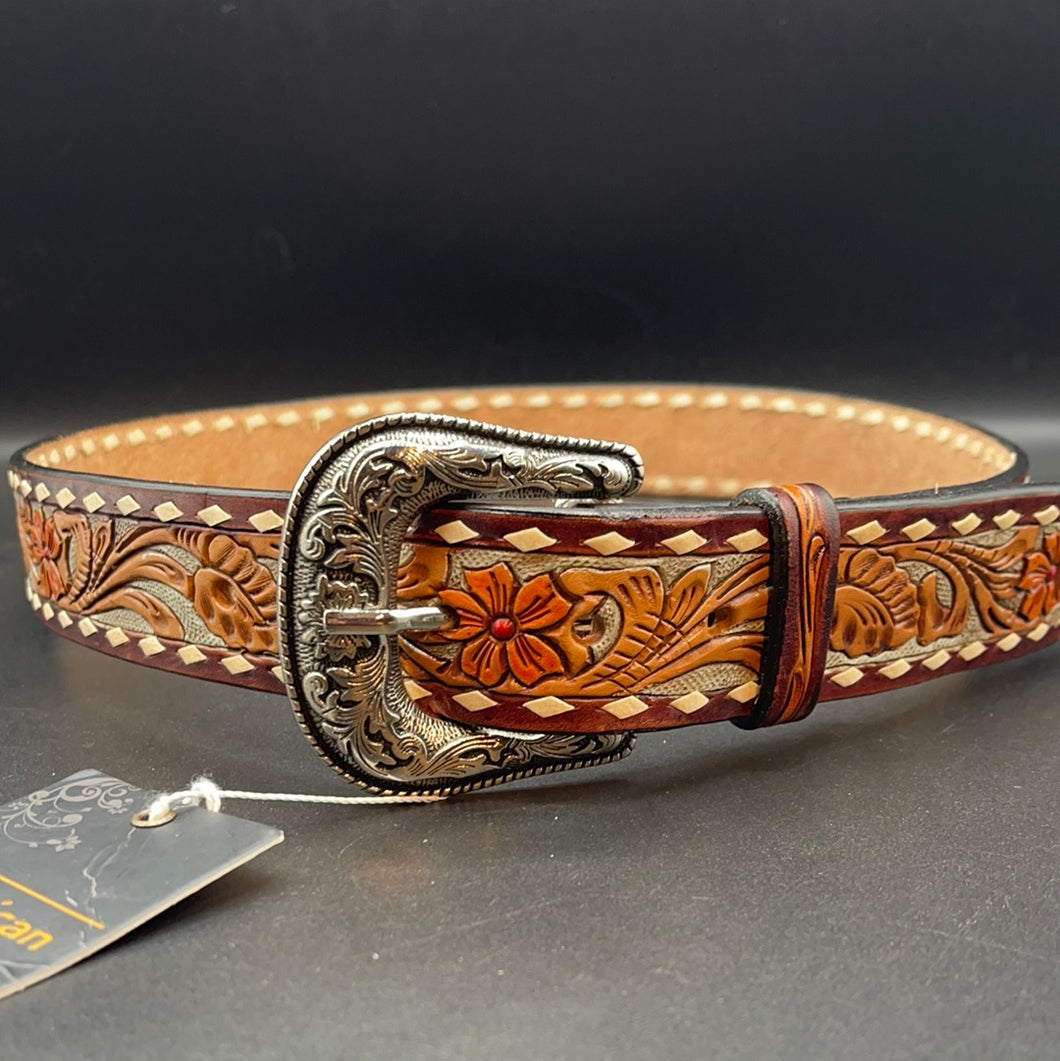 AD-BL4 Floral and White Filigree Tooled Leather Belt