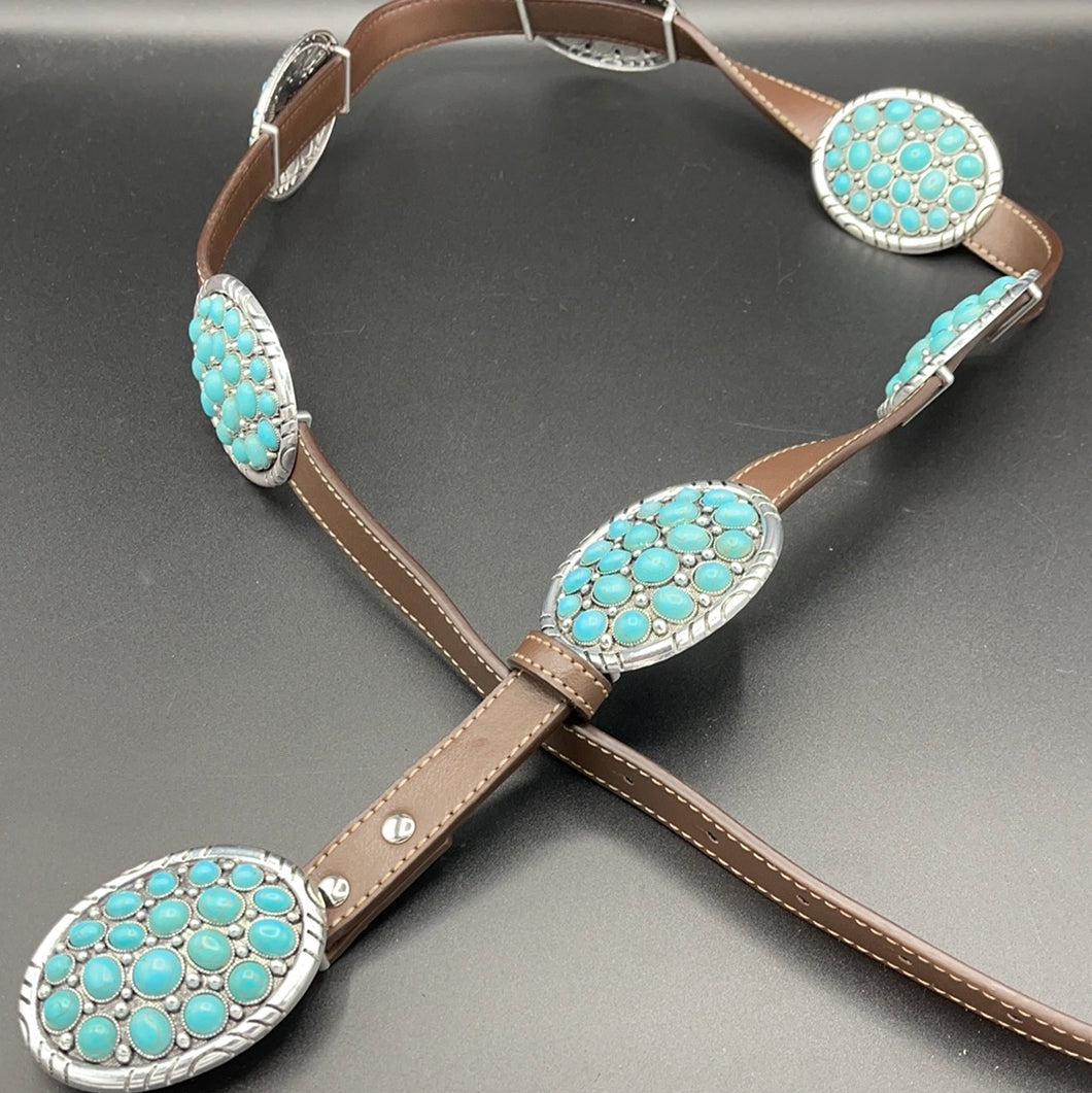 Turquoise Inspired Clustered Concho Belt L/XL - Brown