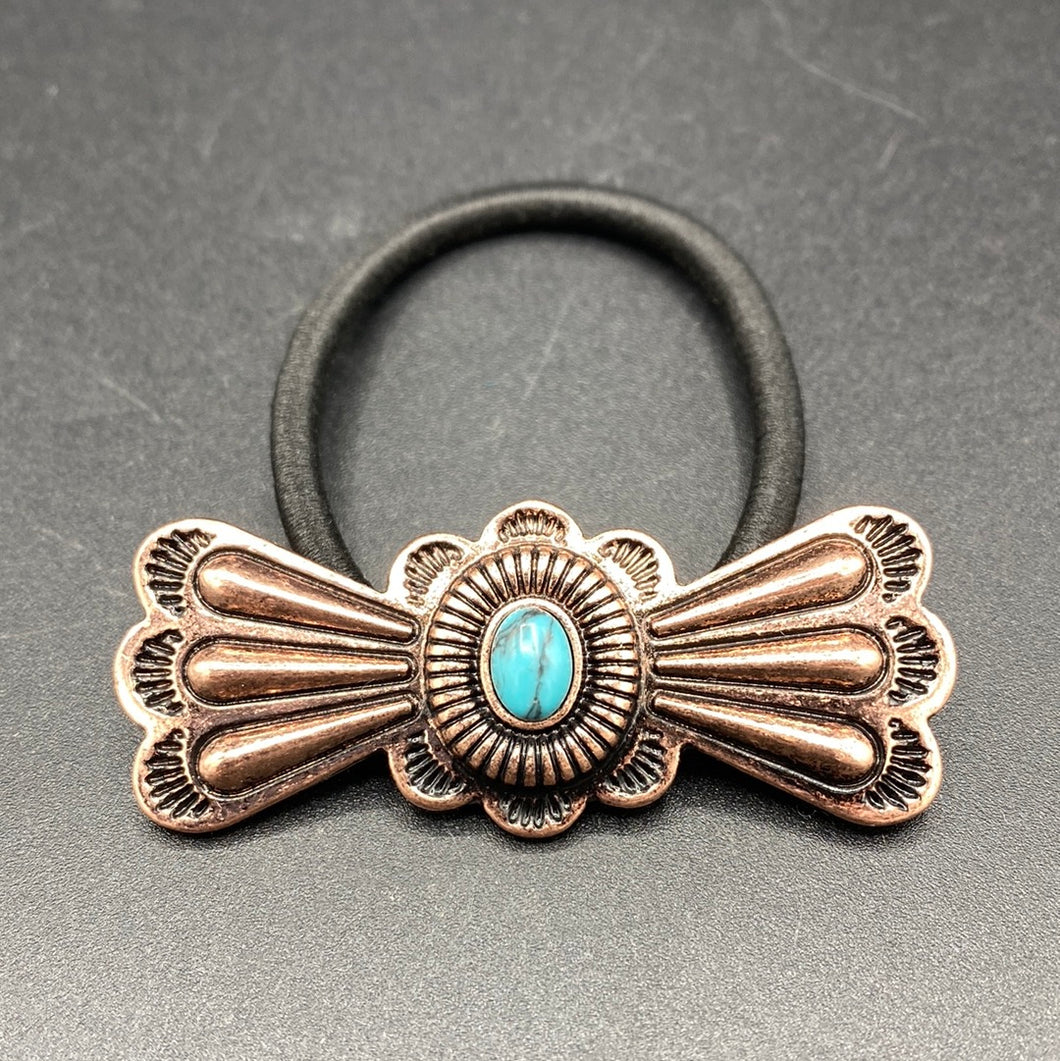 Turquoise/Copper Inspired Stamped Ribbon Hair Tie