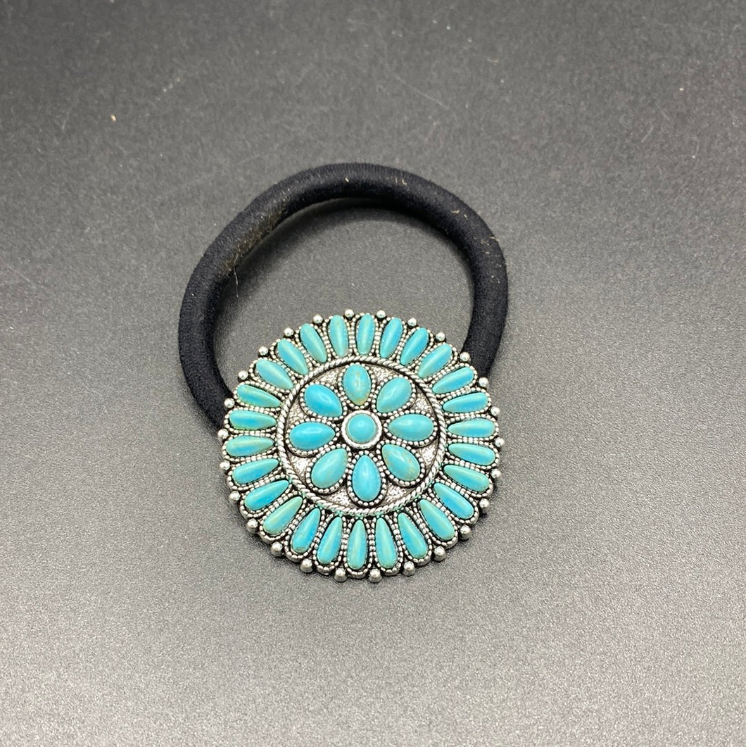 Turquoise Inspired Round Floral Cluster Hair Tie