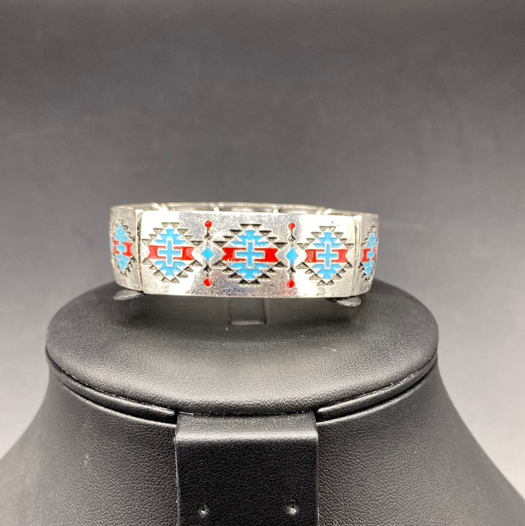 B680B Turquoise/Coral Aztec Stretch Bracelet