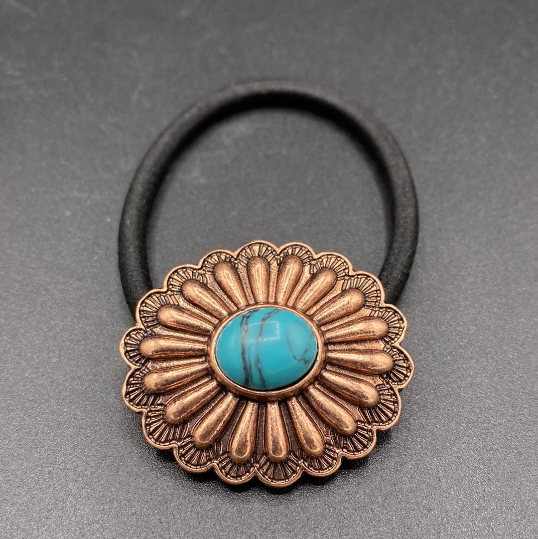 Turquoise/Copper Inspired Stamped Concho Hair Tie