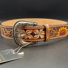 Load image into Gallery viewer, AD-BL3 Yellow Sunflower - Black Filigree Tooled Leather Belt
