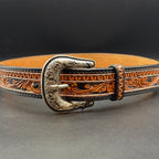 AD-BL5 Scroll Tooled Black Filigree Tooled Leather Belt