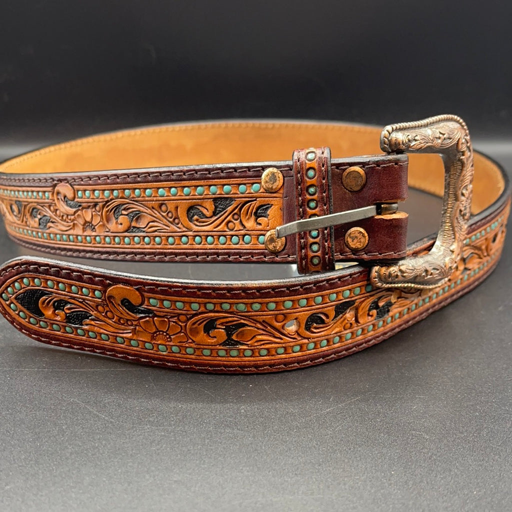 AD-BL6 Floral and Turquoise Tooled Leather Belt