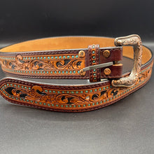 Load image into Gallery viewer, AD-BL6 Floral and Turquoise Tooled Leather Belt
