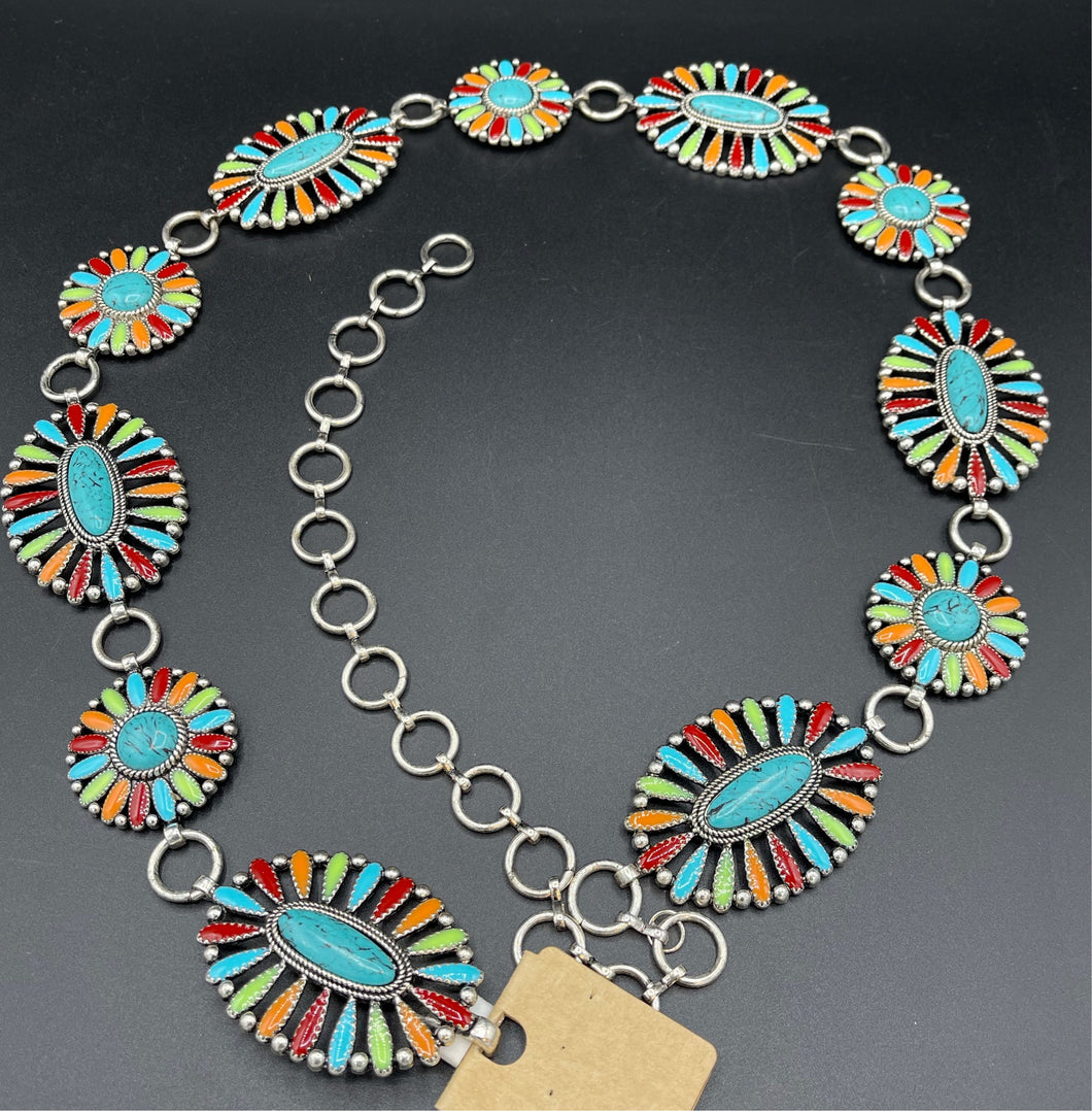 Multi-Colored Floral Cluster Concho Belt