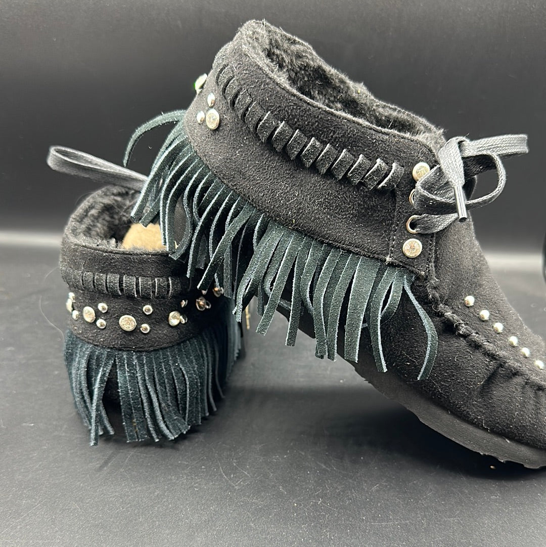 Montana West Black Suede Fringe Moccasins