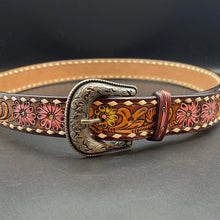 Load image into Gallery viewer, Purple/Yellow Floral Tooling White Buckstitch Leather Belt - LARGE 40&quot;
