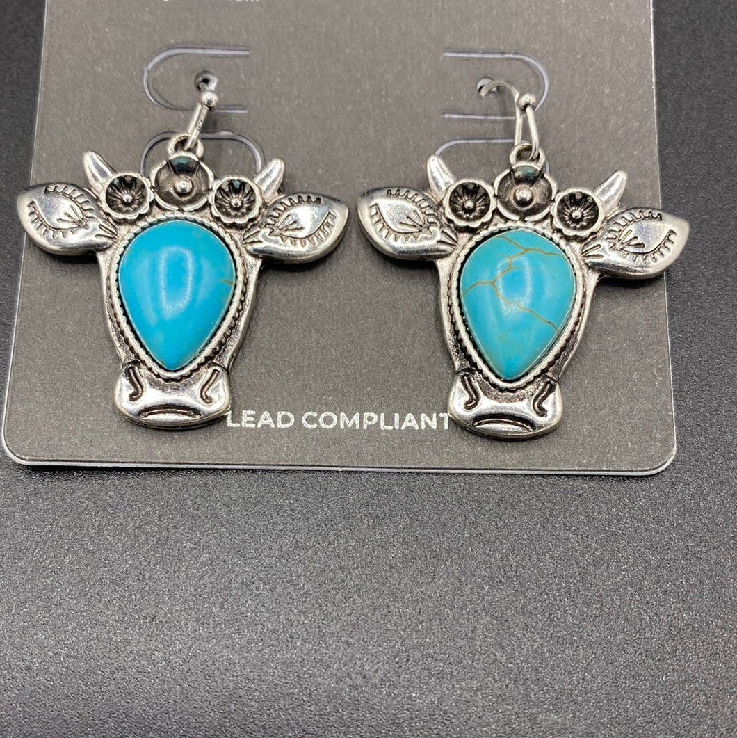 #697E Turquoise Inspired Floral Cow Fishhook Earrings