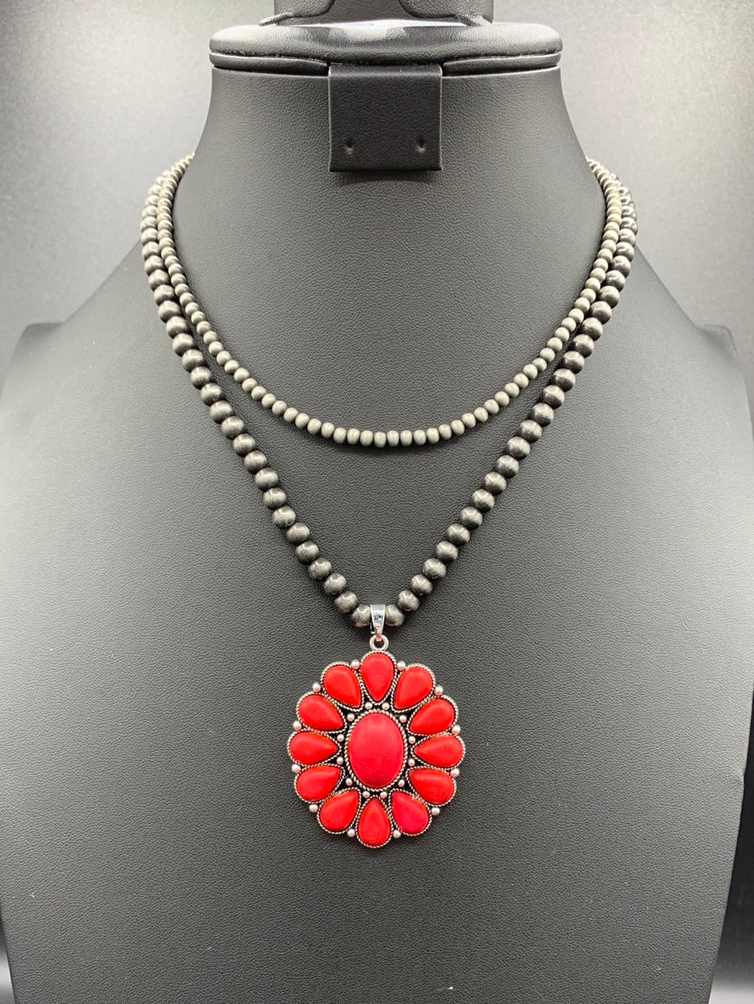 Coral Inspired Cluster Pendant 2-Strand Pearl Necklace